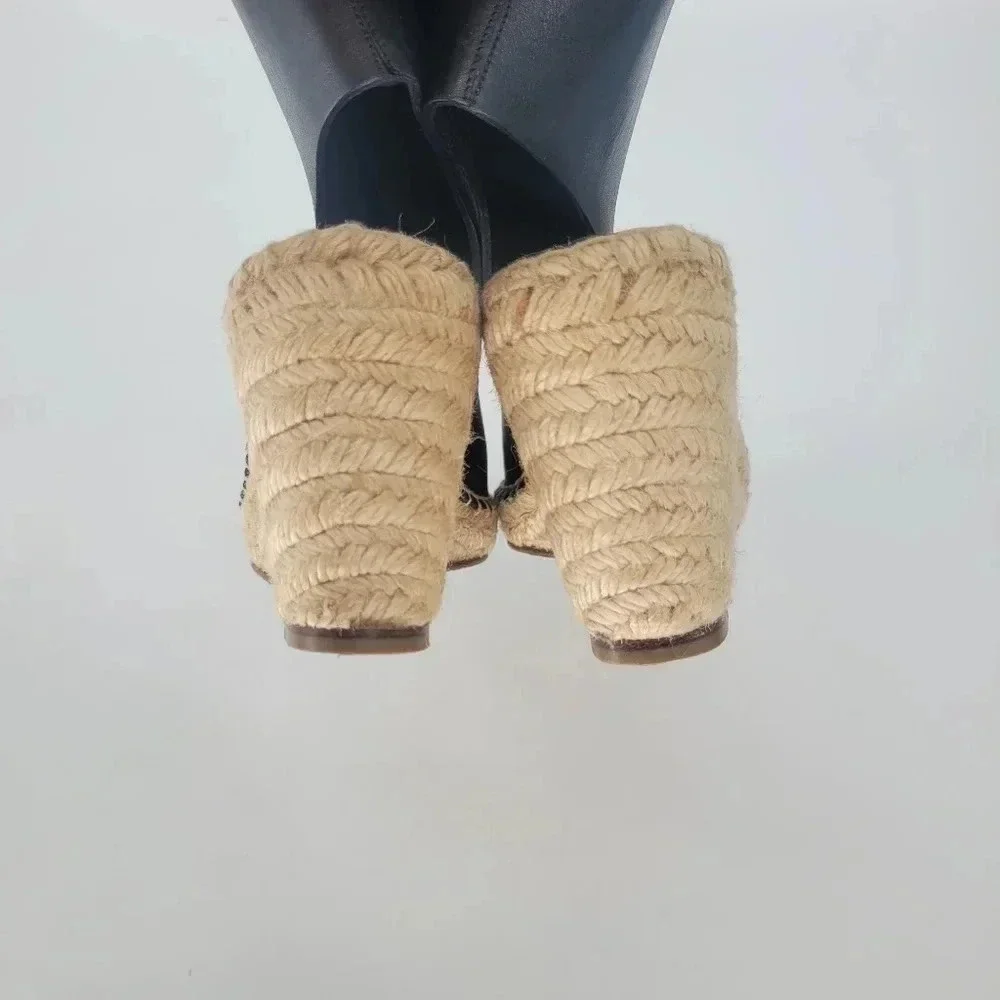 Celine Paris black leather zipper open tore ankle bootie wedge Espadrille 7